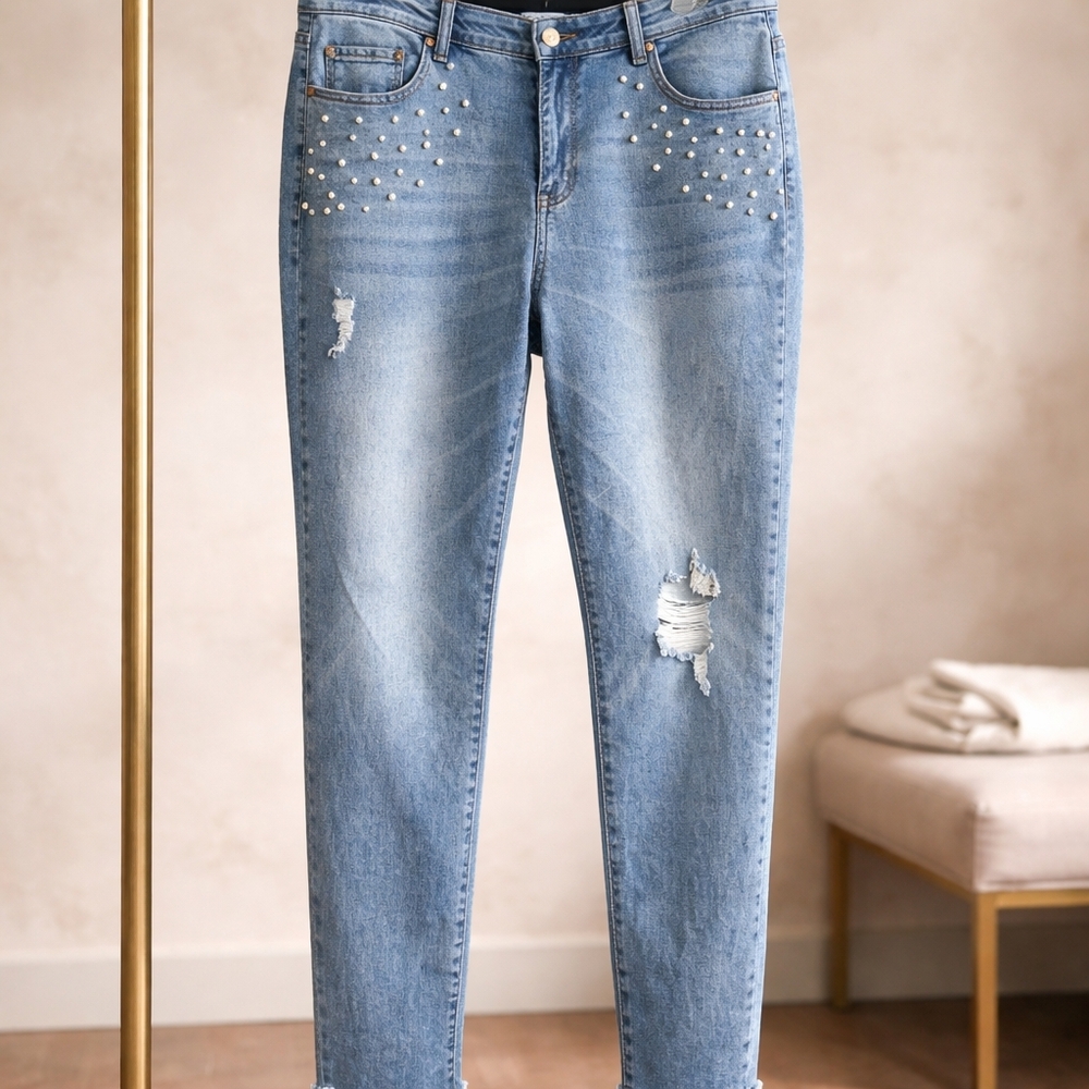 Women’s Straight Leg Pearl-Embellished Light Blue Jeans